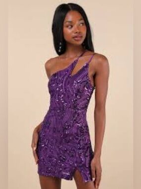 Lulus women’s alluring shine purple sequin one shoulder mini dress